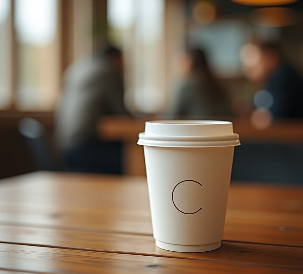  a white to go coffee cup sits on a wooden table in front