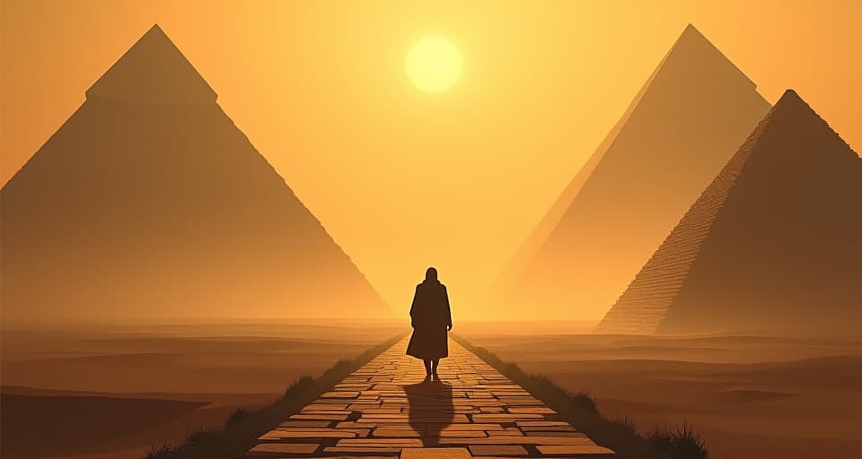  a solitary figure walking along a narrow path between towering pyramids, surrounded by an airy, ethereal fog, creating a sense of enigmatic isolation.. the style is digital art illustration / modern comic book / mysterious occult, symbolic, esoteric vibe,high detail on character design, incorporating ancient egyptian symbology and attire.