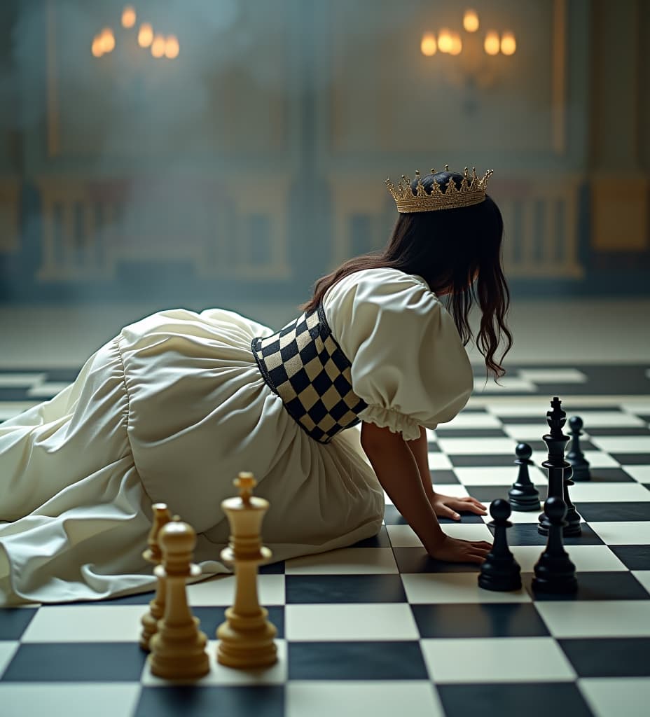  good quality, high quality, queen wearing white and black checkered dress crawling on floor. colossal chess pieces are decorated on her back