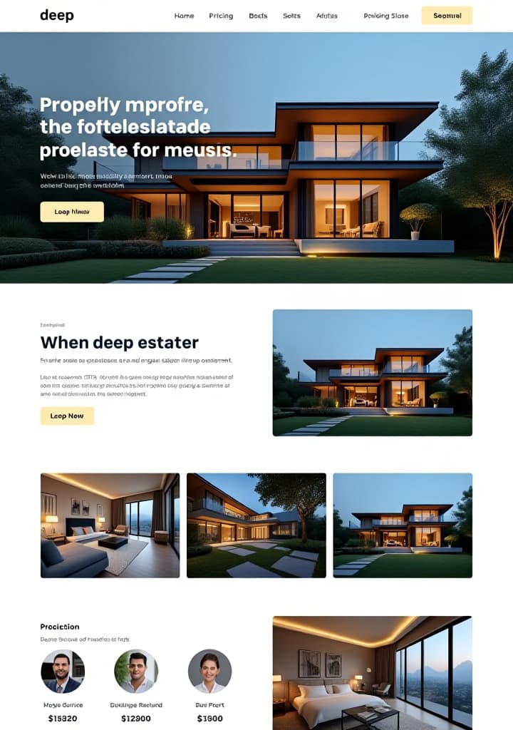  design a property showcase template for 'deep' real estate: style: creative modern, clean, and image focused. layout: full page layout with the main image of the property taking up the top half, and details below. images: high resolution images of the property, with space for a gallery of 4 6 photos. property details: include sections for property description, key features, location map, and pricing. color scheme: use the brand’s deep blue, white, and gold palette to maintain a consistent look hyperrealistic, full body, detailed clothing, highly detailed, cinematic lighting, stunningly beautiful, intricate, sharp focus, f/1. 8, 85mm, (centered image composition), (professionally color graded), ((bright soft diffused light)), volumetric fog, trending on instagram, trending on tumblr, HDR 4K, 8K