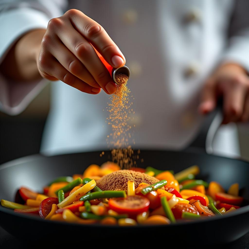  a chef sprinkles seasoning over a vibrant vegetable stir fry in a sizzling pan, capturing the essence of culinary artistry.