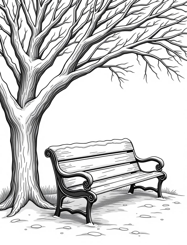  this is for an adult coloring page. a detailed black and white line art of a snowy snow covered park bench under a leafless tree on a solid white background.