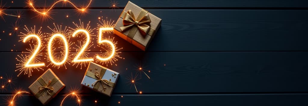  dark background, top view. at the top there is the text "2025", golden and white gift boxes, bright sparkling garland, burning sparklers. at the bottom there is free space for text. ar 3:1 {prompt}, maximum details