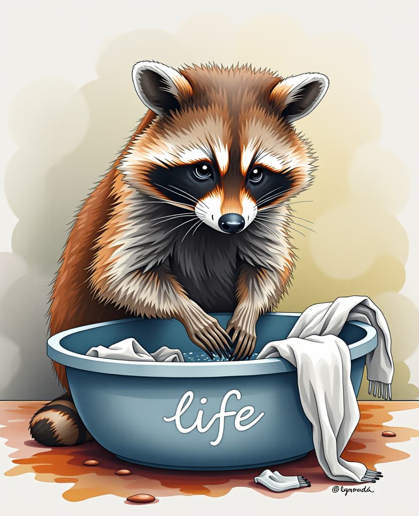  watercolor painting masterpiece. (painting. a raccoon is washing laundry in a basin, the basin is labeled “life”. watercolor. intense close up:1.5). highly detailed strokes, clarity. fantasy style, surrealism, cartoon style. . vibrant, beautiful, painterly, detailed, textural, artistic hyperrealistic, full body, detailed clothing, highly detailed, cinematic lighting, stunningly beautiful, intricate, sharp focus, f/1. 8, 85mm, (centered image composition), (professionally color graded), ((bright soft diffused light)), volumetric fog, trending on instagram, trending on tumblr, HDR 4K, 8K