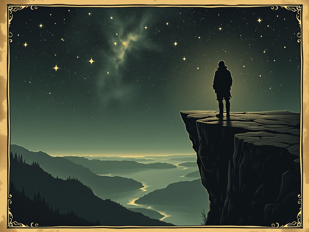  silhouette of a person standing at a cliff's edge, expansive abyss below, star filled sky, vast, ominous, sense of wonder and fear an illustration in the style of a worn, mystical old tarot trump card, mysterious and elements of surrealism. the colors are muted, somber and eerie, but with contrast bring out an occult and esoteric vibe.