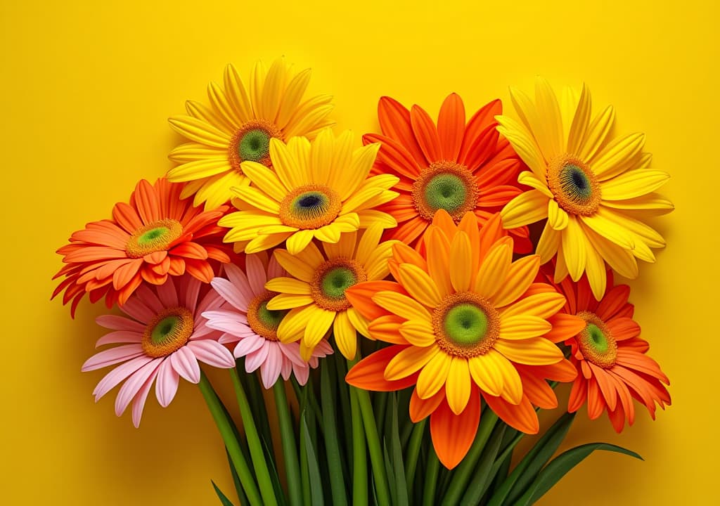  vibrant and cheerful floral arrangement on a yellow background , bright, cheerful, flowers, yellow, vibrant, colorful, spring