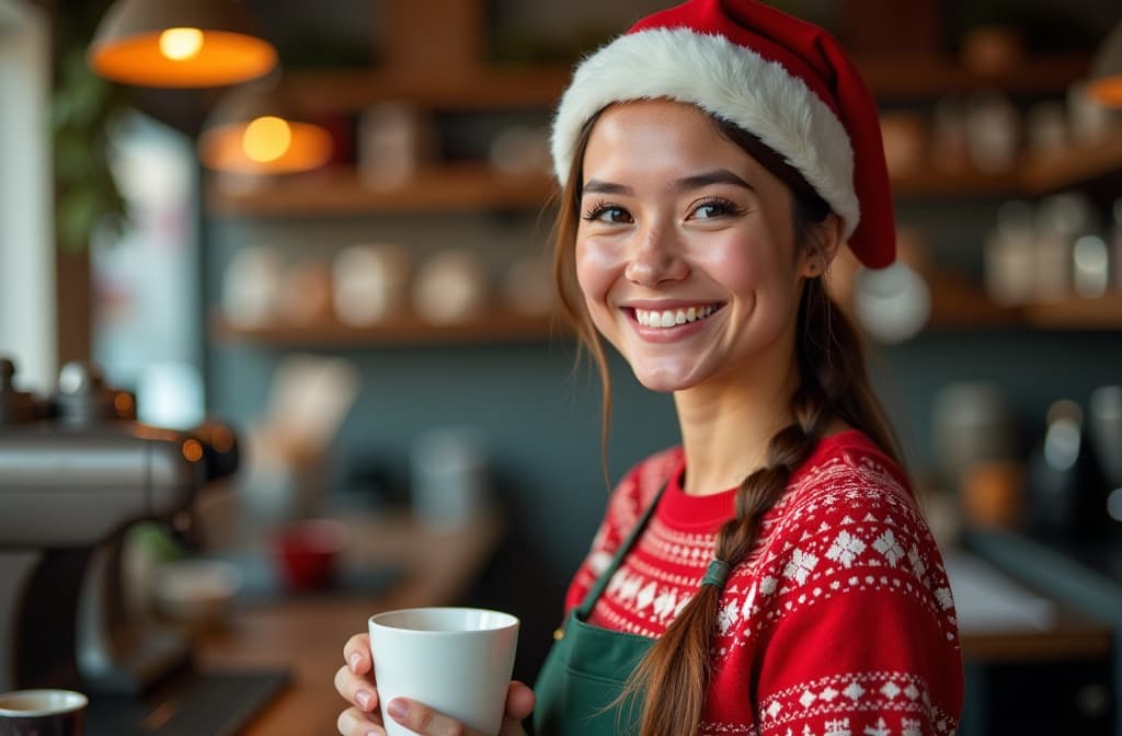  barista in christmas clothes holding prepared coffee and smiling , (natural skin texture), highly detailed face, depth of field, hyperrealism, soft light, muted colors