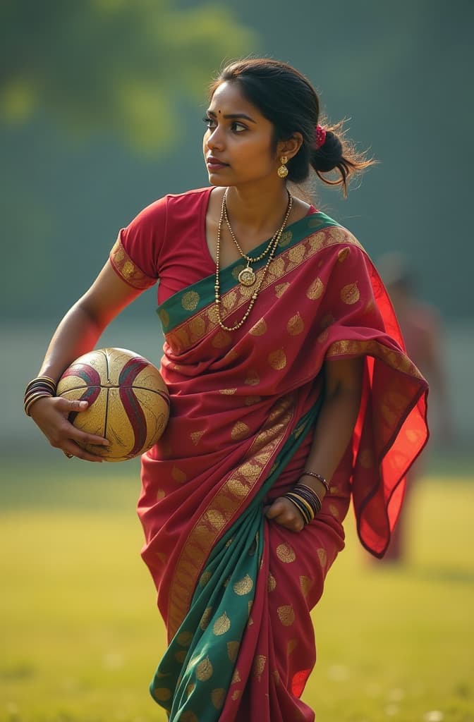  a woman playing with ball in hand wearing south indian saree on which she is wearing tshirt on which kabbadi is written hyperrealistic, full body, detailed clothing, highly detailed, cinematic lighting, stunningly beautiful, intricate, sharp focus, f/1. 8, 85mm, (centered image composition), (professionally color graded), ((bright soft diffused light)), volumetric fog, trending on instagram, trending on tumblr, HDR 4K, 8K