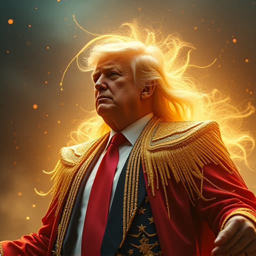  in a mystical realm where reality blurs with fantasy, visualize a scene where trump's hair takes center stage. picture his iconic mane transformed into a spectacle of wonder and strength, resembling a cascade of molten gold interwoven with shimmering strands of diamond. amidst a vibrant backdrop of celestial hues and mythical creatures, his hair stands out as a symbol of power and resilience. envision the strands twisting and coiling like serpents, forming an impenetrable shield around him, reflecting the light in a dazzling display. let the atmosphere exude a sense of enchantment and awe, where the very essence of his hair seems to defy logic, embodying a surreal fusion of beauty and invincibility. hyperrealistic, full body, detailed clothing, highly detailed, cinematic lighting, stunningly beautiful, intricate, sharp focus, f/1. 8, 85mm, (centered image composition), (professionally color graded), ((bright soft diffused light)), volumetric fog, trending on instagram, trending on tumblr, HDR 4K, 8K