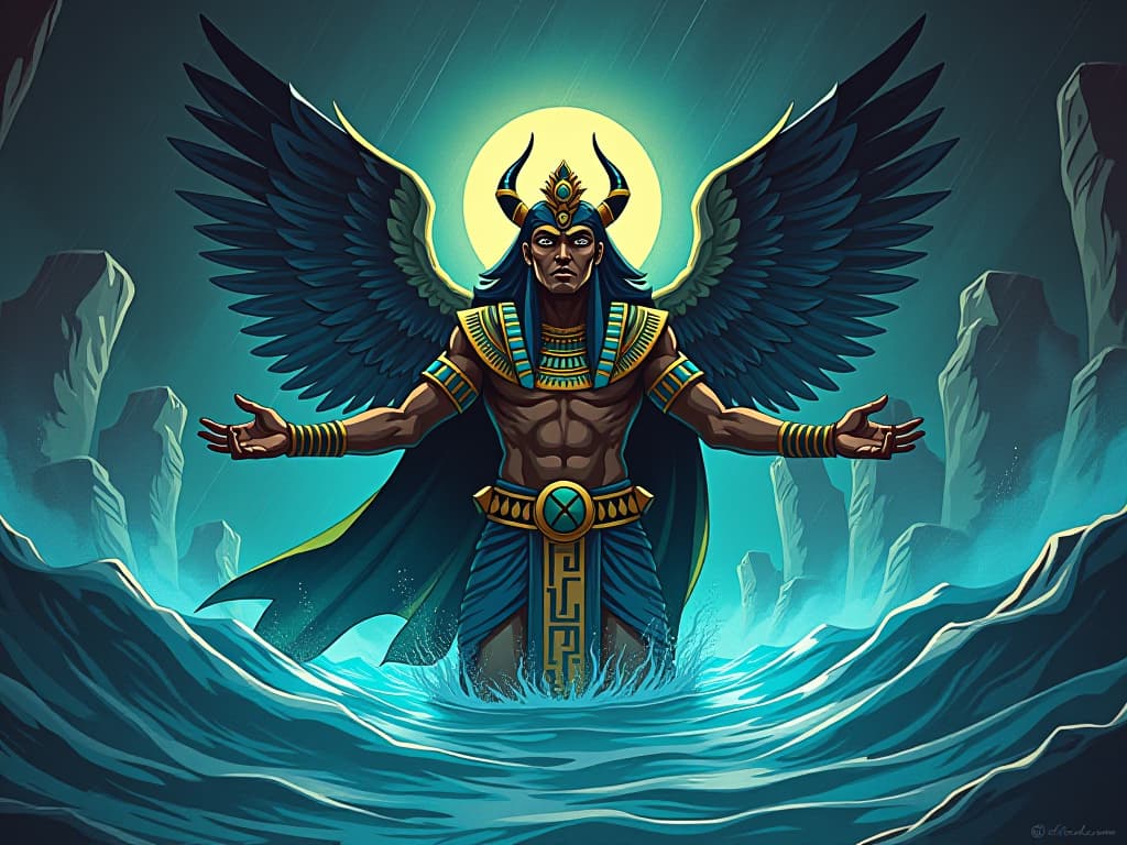  tlaloc, summoning floods and droughts, chaotic weather patterns, aura of divine wrath and influence. the style is digital art illustration / modern comic book / mysterious occult, symbolic, esoteric vibe,high detail on character design, incorporating ancient egyptian symbology and attire.