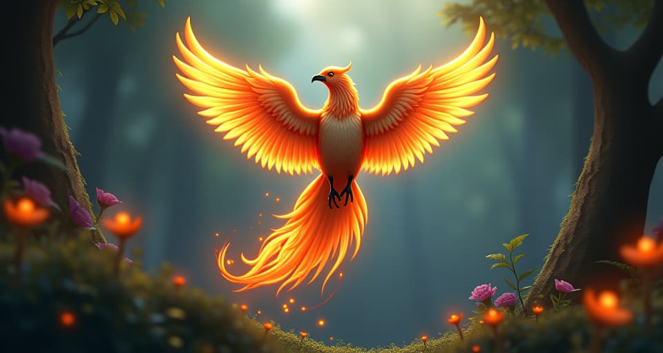  a majestic phoenix, its feathers ablaze with bright, ethereal flames, rising from an ancient, enchanted forest. surrounding it, glowing flowers and leaves illuminate the scene, symbolizing awakening.. the style is digital art illustration,highly detailed, whimsical,magical, dreamlike atmosphere, realism and fantasy blend, smooth, glossy textures,luminous quality, wonder and enchantment.