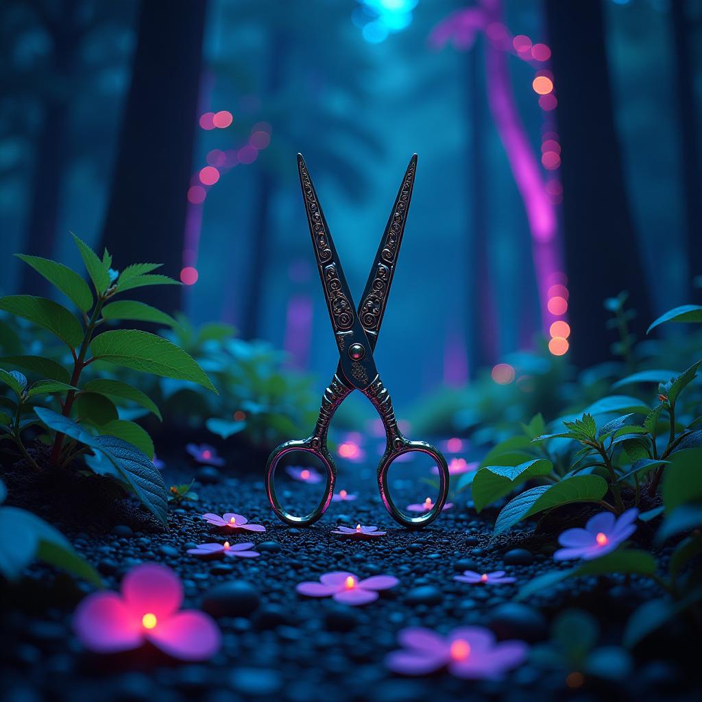  create a surreal scene featuring a bioluminescent forest illuminated with glowing plants and trees. the forest is alive with vibrant colors, showcasing shades of blue, green, and purple radiating from the foliage. in the foreground, include a pair of elegant scissors, intricately designed, as if they are the centerpiece of the composition. the scissors reflect the luminescent glow of the forest, creating an intriguing contrast. the perspective angle should be slightly tilted to add a sense of depth and dynamic energy, drawing the viewer's eye from the scissors into the depths of the glowing forest. surround the scissors with scattered tile art that incorporates natural motifs and colors found in the forest, blending seamlessly with the envi