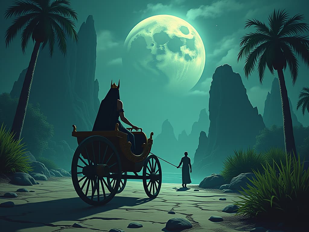  lush oasis reflecting the full moon, a chariot and large busted priestess guiding it, symbolizing the power and control over destiny, moonlight paving the path. the style is digital art illustration / modern comic book / mysterious occult, symbolic, esoteric vibe,high detail on character design, incorporating ancient egyptian symbology and attire.