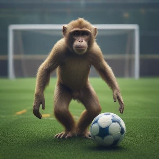 monkey is playing soccer hyperrealistic, full body, detailed clothing, highly detailed, cinematic lighting, stunningly beautiful, intricate, sharp focus, f/1. 8, 85mm, (centered image composition), (professionally color graded), ((bright soft diffused light)), volumetric fog, trending on instagram, trending on tumblr, HDR 4K, 8K