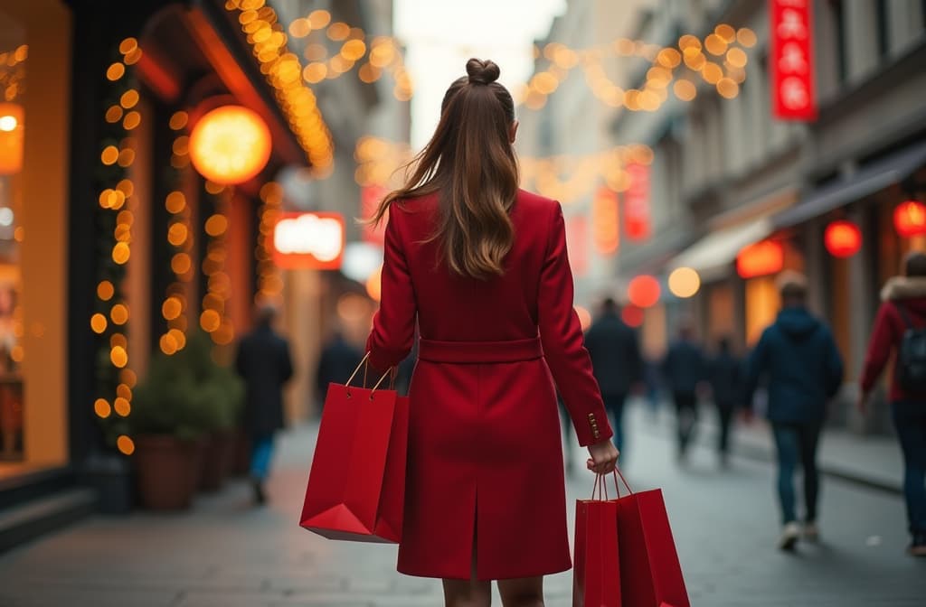  advertising style, stock photo, corporate branding style girl walking with gift bags in her hands through the city decorated with new year's garlands, festive atmosphere, rear view ar 3:2 . professional, clean, modern, product focused, commercial, eye catching, minimalist, business oriented, highly detailed