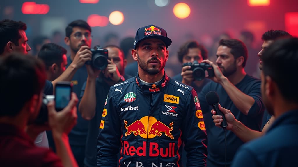  prompt: create a dramatic and detailed scene capturing max verstappen's defiant press conference in singapore. show max verstappen, in his red bull gear, surrounded by a crowd of intense journalists. incorporate elements like fia logos, microphones, and cameras to emphasize the controversy. use lighting to create a tense atmosphere, with shadows and highlights enhancing the mood. ensure anatomical accuracy in max verstappen's posture and facial expressions to convey his tactical responses. infus