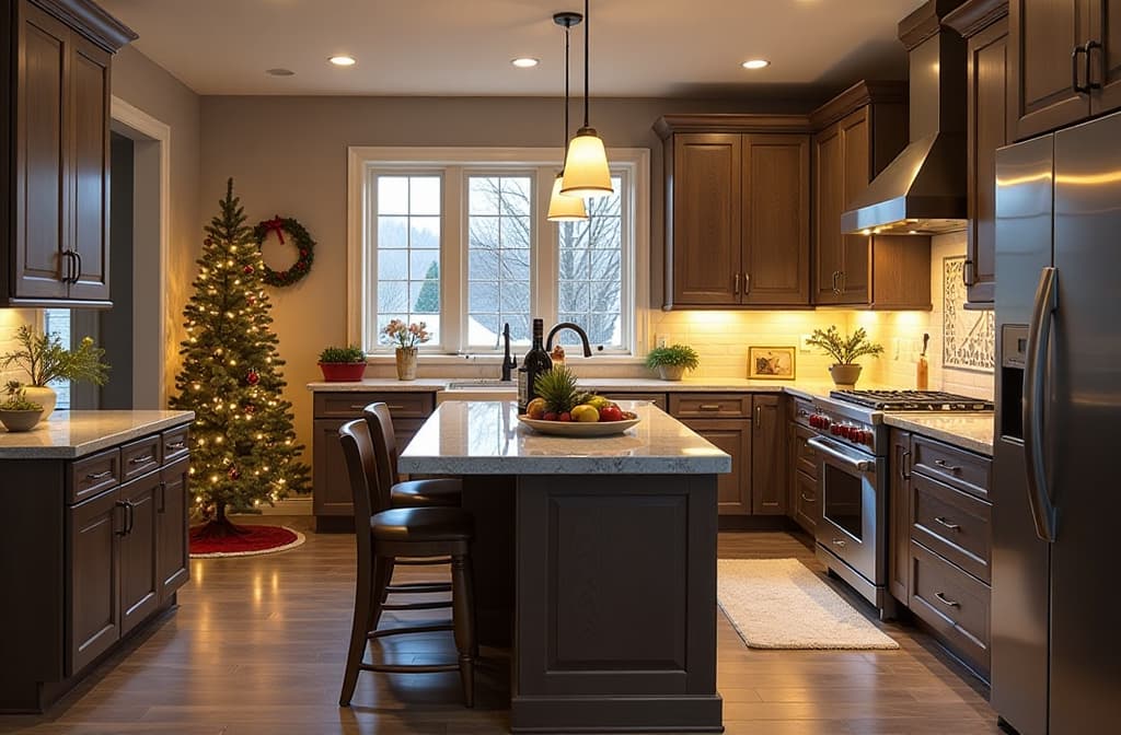  real estate photography style christmas cozy kitchen interior of a private house, modern cozy style, glow garland, snow . professional, inviting, well lit, high resolution, property focused, commercial, highly detailed