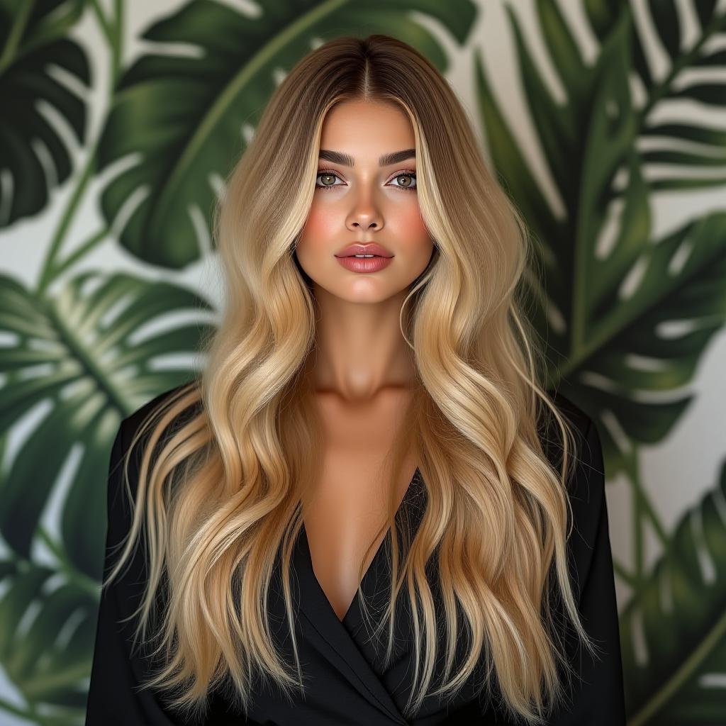  a blonde girl is standing against a wallpaper with palm leaves, showcasing her shiny beautiful hair. hyperrealistic, full body, detailed clothing, highly detailed, cinematic lighting, stunningly beautiful, intricate, sharp focus, f/1. 8, 85mm, (centered image composition), (professionally color graded), ((bright soft diffused light)), volumetric fog, trending on instagram, trending on tumblr, HDR 4K, 8K