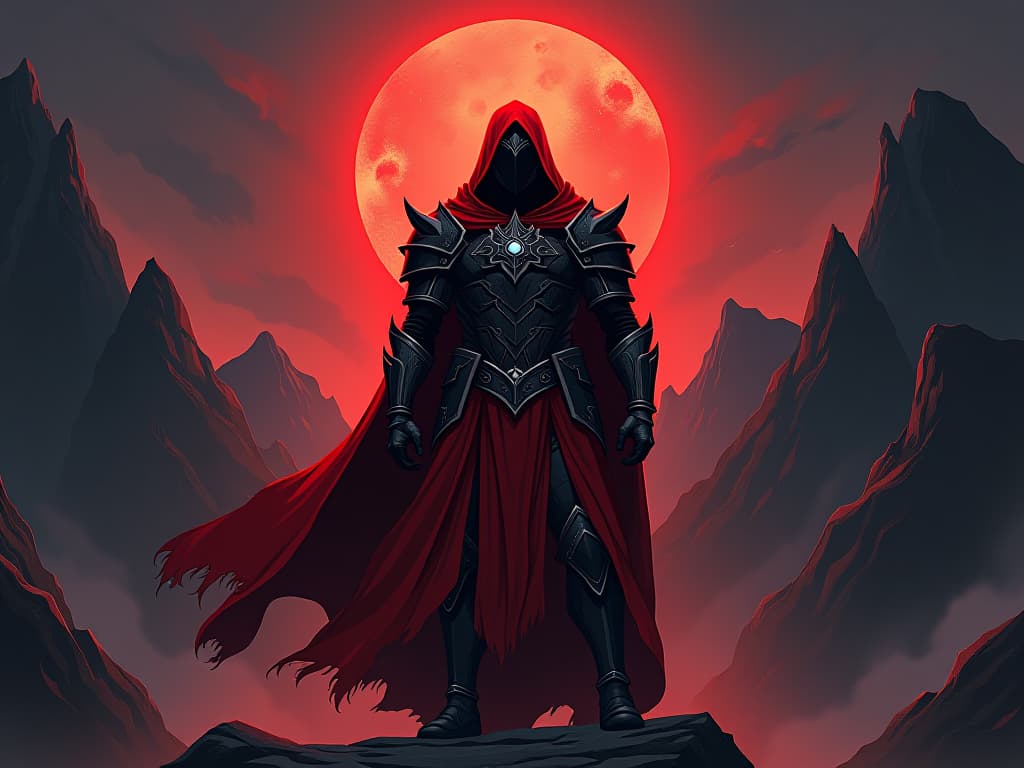  warrior clad in red armor, standing tall, luminous aura, background of dark towering mountains, strength and resilience evident. the style is digital art illustration / modern comic book / graphic dark novel fantasy and mysterious occult, symbolic, moody lighting, esoteric vibe,high detail on character design. for the color scheme emphasize blacks and reds.