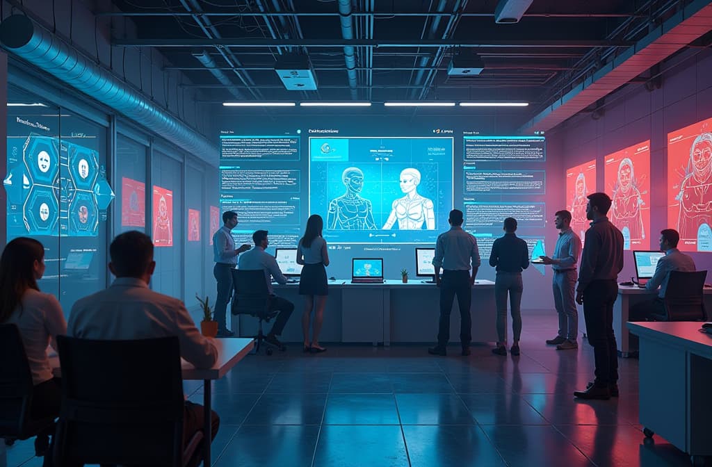  "an imaginative scene depicting a futuristic office space filled with diverse professionals collaborating around advanced robotic devices and screens displaying vibrant data visualizations. the atmosphere is lively, with holographic interfaces showcasing ai dialogues, digital avatars interacting with humans, and abstract representations of conversation flow. the design exudes innovation and creativity, symbolizing the dynamic world of technology startups dedicated to enhancing human computer communication." hyperrealistic, full body, detailed clothing, highly detailed, cinematic lighting, stunningly beautiful, intricate, sharp focus, f/1. 8, 85mm, (centered image composition), (professionally color graded), ((bright soft diffused light)), volumetric fog, trending on instagram, trending on tumblr, HDR 4K, 8K