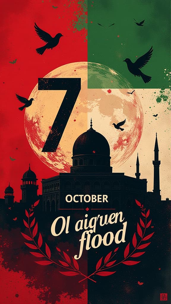  an artistic scene that prominently features the words "7 october al aqsa flood" in bold, stylized typography. the background is a vibrant blend of colors inspired by the palestinian flag—red, black, green, and white. the design incorporates symbolic elements representing the day of victory for the palestinian people, such as doves, olive branches, and a silhouette of the al aqsa mosque, all harmoniously woven into the composition. the overall mood is celebratory and hopeful, underscoring unity and resilience.