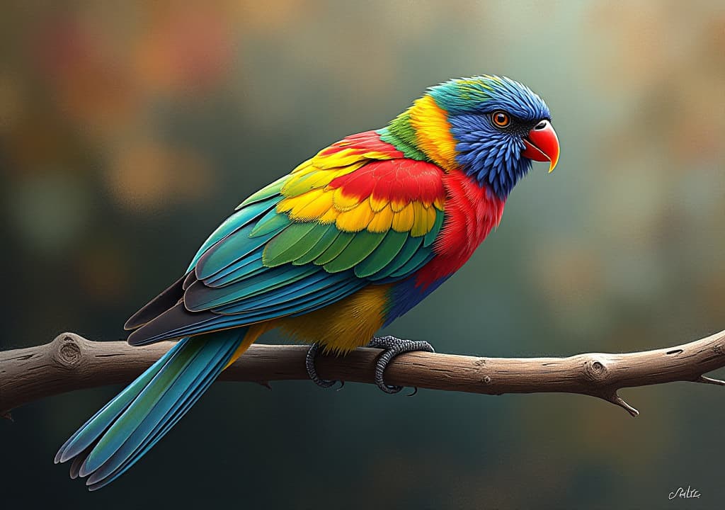  a painting of a colorful bird with vivid hues on its wings and back