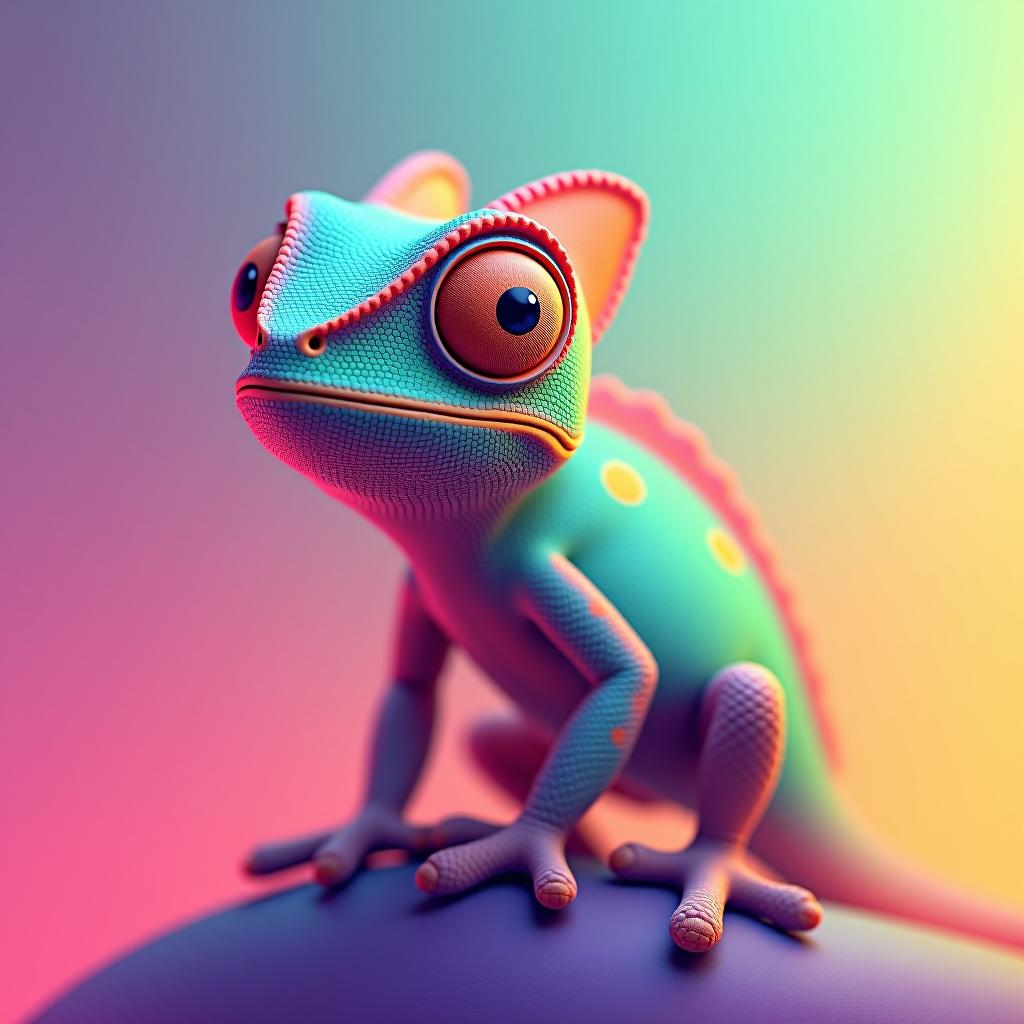  3d cute chameleon character in beautiful gradient background, vibrant colors