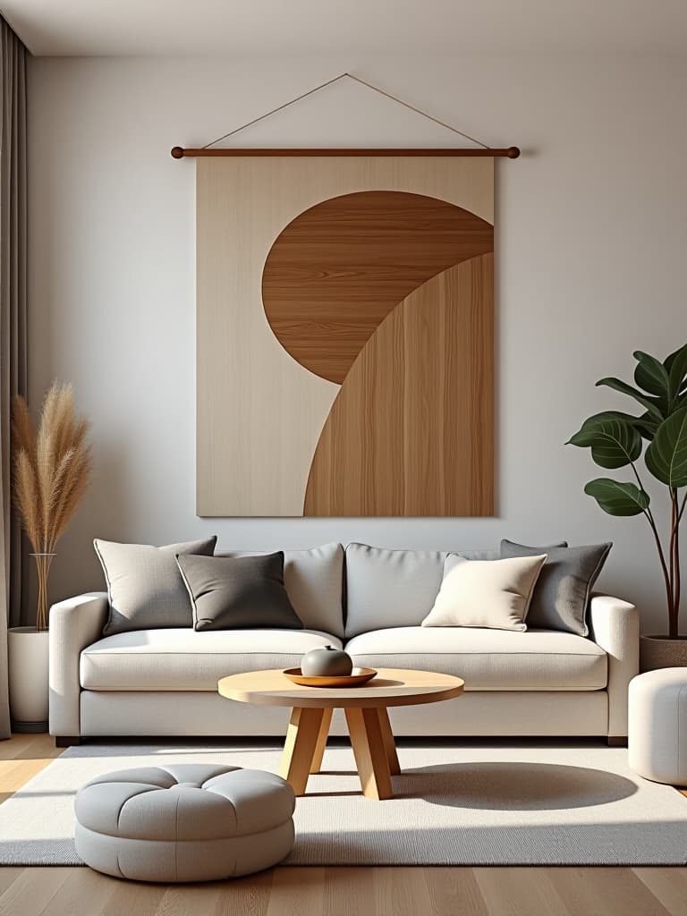  high quality portrait photo of a scandinavian style living room with a large, minimalist wooden wall hanging, featuring geometric shapes and clean lines, complemented by neutral furniture and soft textures hyperrealistic, full body, detailed clothing, highly detailed, cinematic lighting, stunningly beautiful, intricate, sharp focus, f/1. 8, 85mm, (centered image composition), (professionally color graded), ((bright soft diffused light)), volumetric fog, trending on instagram, trending on tumblr, HDR 4K, 8K