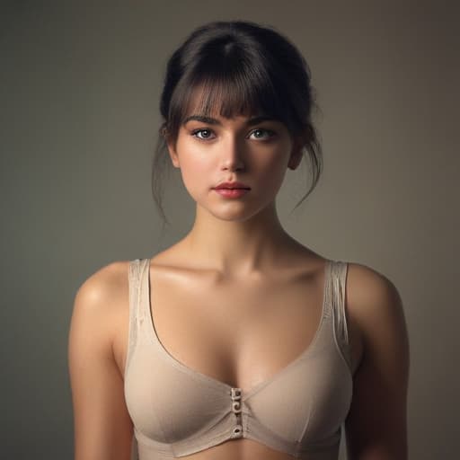 an ultra realistic photo of beautiful woman, taken from front view, vintage photography style, bangs hairstyle, in with nude clothing, with fat, indian ethnicity, one person symmetrical balance, in-frame hyperrealistic, full body, detailed clothing, highly detailed, cinematic lighting, stunningly beautiful, intricate, sharp focus, f/1. 8, 85mm, (centered image composition), (professionally color graded), ((bright soft diffused light)), volumetric fog, trending on instagram, trending on tumblr, HDR 4K, 8K