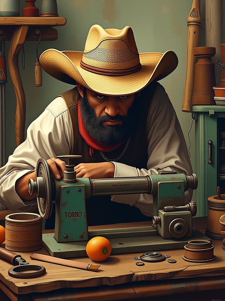  design a logo, in a surrealism style. ( show agriculture implements) lathe shop and include cowboy hat, with the text 'john vaquero (torno)'.