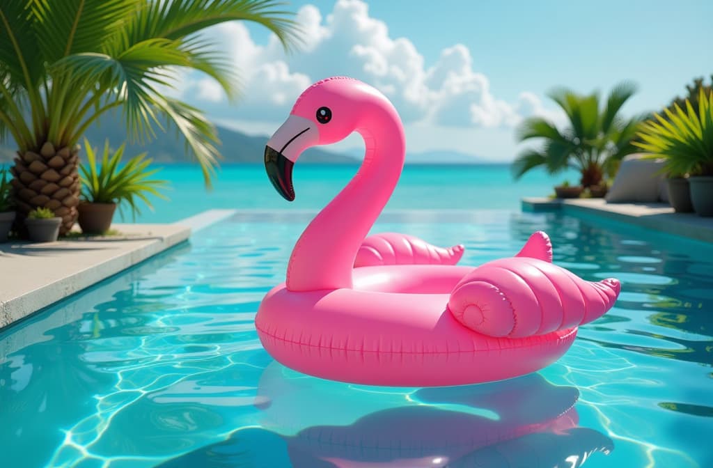  inflatable pink flamingo in an infinity pool, summer concept 3:2 ar 3:2 {prompt}, maximum details