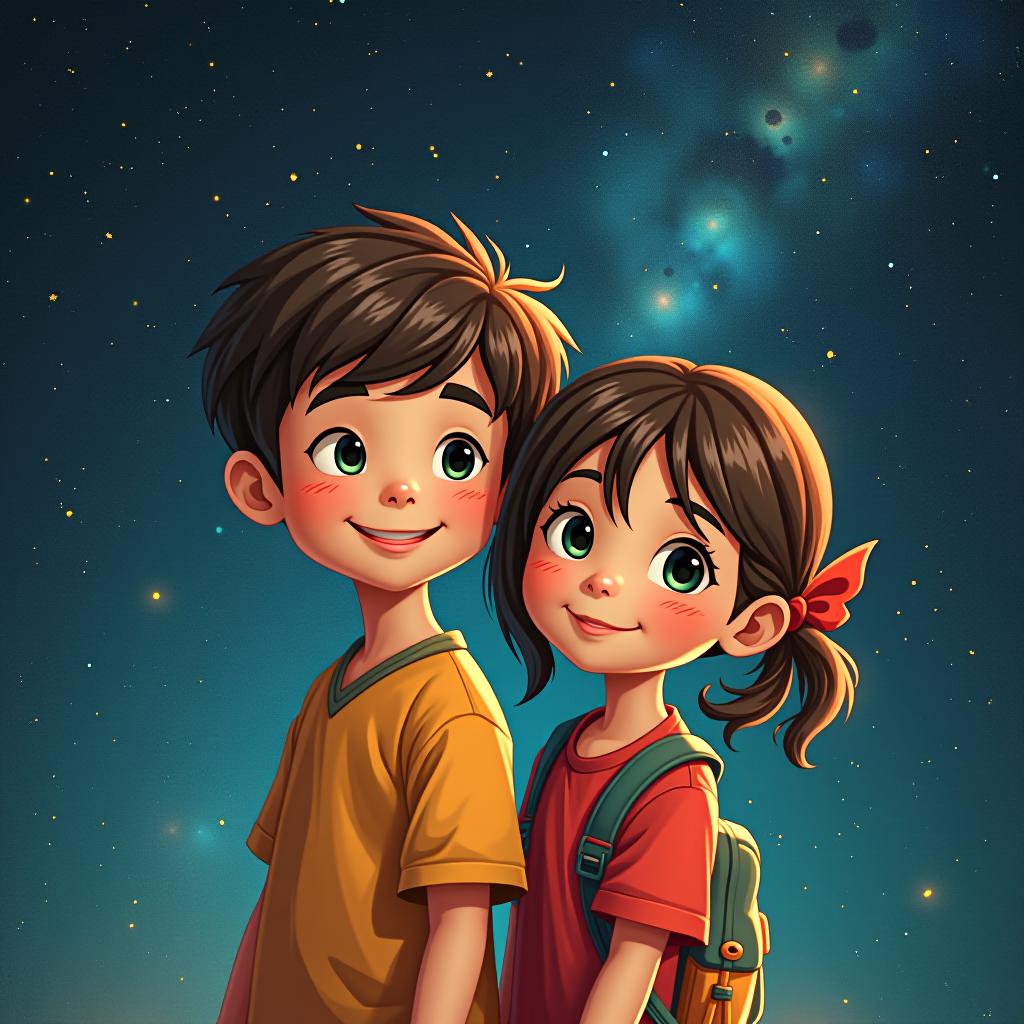  a boy and a girl against the backdrop of a starry universe.