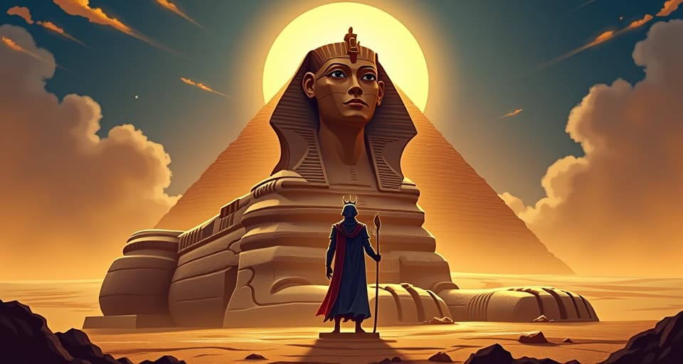  great sphinx of giza, figure standing at its base, reclaiming scepter and crown, symbolizing regained power and dignity.. the style is digital art illustration / modern comic book / mysterious occult, symbolic, esoteric vibe,high detail on character design, incorporating ancient egyptian symbology and attire.