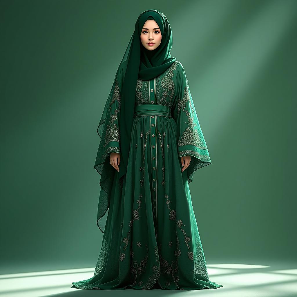  "design a full length, long sleeved abaya with a loose fit and an a line silhouette. the neckline should be a high collar with a buttoned front. use a lightweight chiffon fabric with intricate floral embroidery in deep emerald green. the sleeves should be bell shaped with elasticized cuffs, and the waist should be belted with a matching sash. accompany the abaya with a matching hijab made from the same fabric, featuring subtle embroidery along the edges."  hyperrealistic, full body, detailed clothing, highly detailed, cinematic lighting, stunningly beautiful, intricate, sharp focus, f/1. 8, 85mm, (centered image composition), (professionally color graded), ((bright soft diffused light)), volumetric fog, trending on instagram, trending on tumblr, HDR 4K, 8K