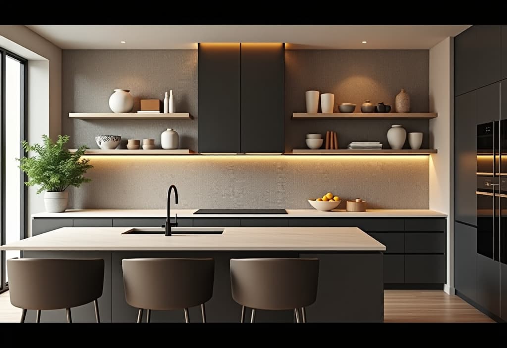  a landscape photo of a contemporary kitchen featuring a striking backsplash with geometric patterns, floating shelves displaying minimalist decor, and a mix of matte and glossy finishes hyperrealistic, full body, detailed clothing, highly detailed, cinematic lighting, stunningly beautiful, intricate, sharp focus, f/1. 8, 85mm, (centered image composition), (professionally color graded), ((bright soft diffused light)), volumetric fog, trending on instagram, trending on tumblr, HDR 4K, 8K