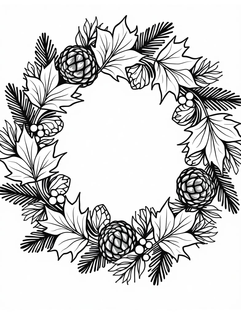  a wreath made of autumn leaves, pinecones, and berries, black and white line art on a white background, for an adult coloring page.