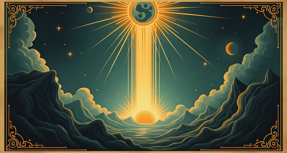  celestial battleground with forces of light and darkness, brilliant beams clashing with dark tendrils, otherworldly, high contrast. an illustration in the style of a worn, mystical old tarot trump card, mysterious and elements of surrealism. the colors are muted, somber and eerie, but with contrast bring out an occult and esoteric vibe.