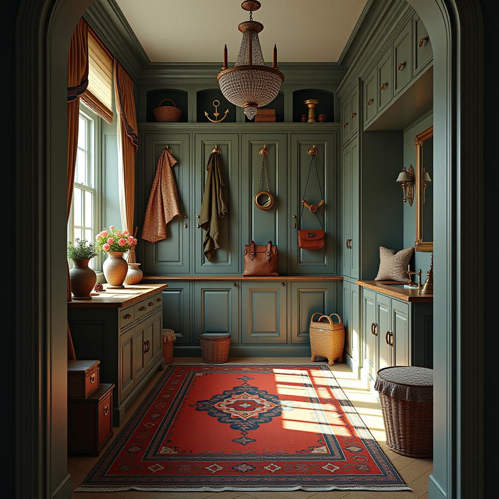  this is an unedited 8k photograph capturing the mudroom, characterized by its dense furnishings and decorations. it features a hyperrealistic and highly detailed portrayal with stunning beauty and intricate designs, achieved through sharp focus and symmetrical balance. the image, shot in raw and hdr, utilizes bright, soft, diffused light, enhancing its professional color grading based on a triadic color scheme. this in frame, hyperrealistic view is a testament to the power of advanced photographic techniques.