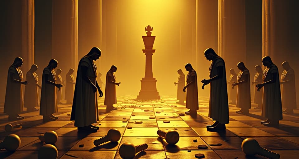  a shattered golden chessboard with pieces strewn about, shadowy figures in defeat, symbolizing the inevitability of their loss, never standing a chance.. the style is digital art illustration / modern comic book / mysterious occult, symbolic, esoteric vibe,high detail on character design, incorporating ancient egyptian symbology and attire.