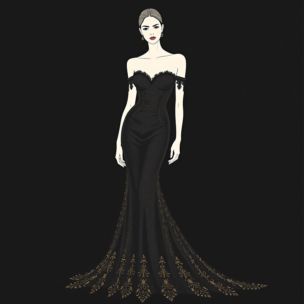  line art drawing model photo that wears an elegant evening dress in black lace with uncovered shoulders and all embroidered in lace, the skirt presents some embroidery in gold. whole figure. professional, sleek, modern, minimalist, graphic, line art, vector graphics