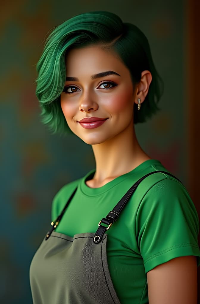  figurita hiperrealista de chica de 30 años vestida con un peto tejano y camiseta verde. tiene el pelo cortado estilo bop y de un verde intenso. sonríe alegremente pero con inocencia. es la dependienta de una floristería, realistic, portrait, art by donato giancola and greg rutkowski, realistic face, digital art, trending on artstation hyperrealistic, full body, detailed clothing, highly detailed, cinematic lighting, stunningly beautiful, intricate, sharp focus, f/1. 8, 85mm, (centered image composition), (professionally color graded), ((bright soft diffused light)), volumetric fog, trending on instagram, trending on tumblr, HDR 4K, 8K