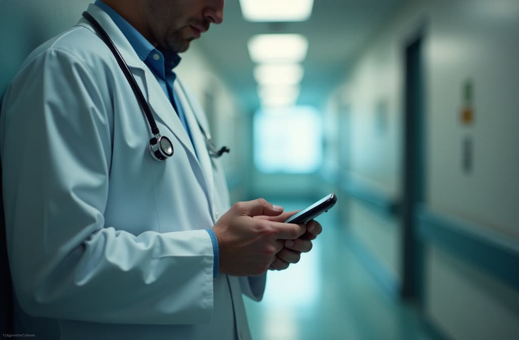  professional detailed photography, male doctor holding phone in hands, blurry light interior of hospital corridor in background ar 3:2, (muted colors, dim colors, soothing tones), (vsco:0.3)