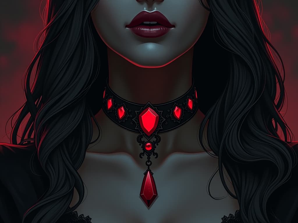  choker necklace with red gemstones, wrapped tightly around, symbol of mental entrapment. the style is digital art illustration / modern comic book / graphic dark novel fantasy and mysterious occult, symbolic, moody lighting, esoteric vibe,high detail on character design. for the color scheme emphasize blacks and reds.