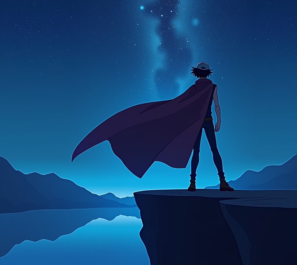  create an image of a dynamic anime man character with a cap, short flowing hair and a dramatic cape, standing on the edge of a cliff at night. the background should feature a starry sky with a hint of nebulae, reflecting off the surface of a serene lake below