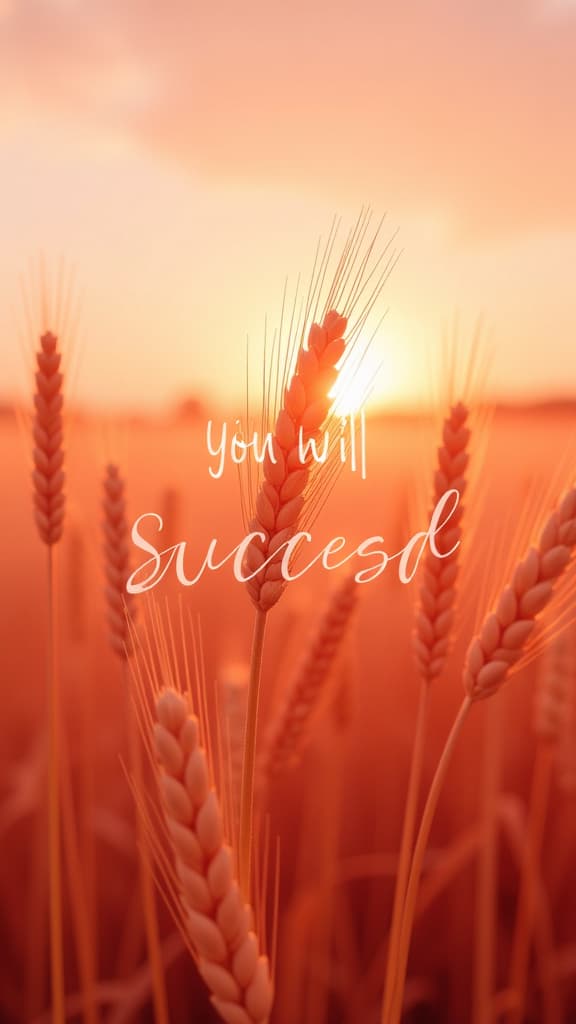  advertising style, stock photo, corporate branding style **a wheat field at dawn, with very soft colors in a vintage style, quite bright, with a pastel pink hue. in the middle of the picture, written in beautiful font, are the words "you will succeed" ar 9:16 . professional, clean, modern, product focused, commercial, eye catching, minimalist, business oriented, highly detailed