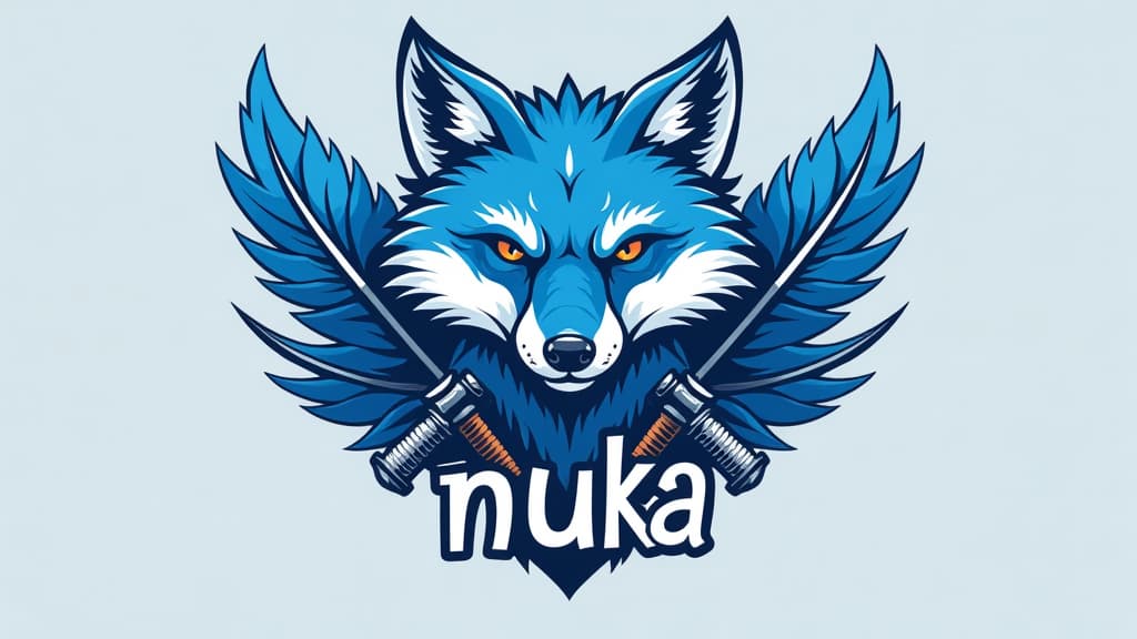  design a logo, un renard bleu et blanc avec des armes , with the text 'nuka'.