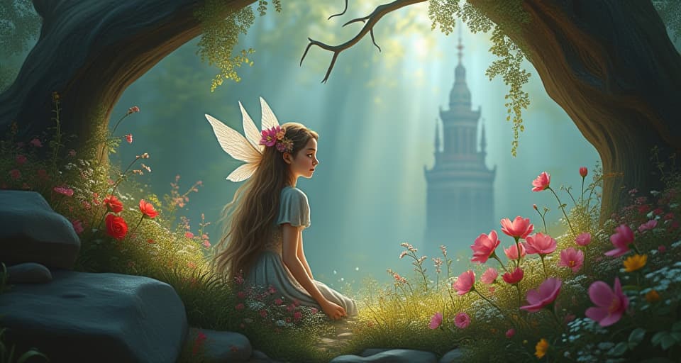  mystic clearing where an enchanted being is seen reflecting upon past ties, surrounded by blooming, ethereal flowers, symbolizing shifted life and growth.. the style is digital art illustration,highly detailed, whimsical,magical, dreamlike atmosphere, realism and fantasy blend, smooth, glossy textures,luminous quality, wonder and enchantment.