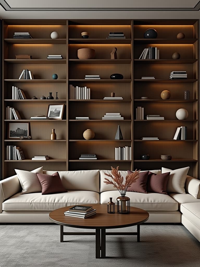  high quality portrait photo of a modern living room featuring a striking geometric bookshelf filled with curated objects and books, photographed from a slight upward angle hyperrealistic, full body, detailed clothing, highly detailed, cinematic lighting, stunningly beautiful, intricate, sharp focus, f/1. 8, 85mm, (centered image composition), (professionally color graded), ((bright soft diffused light)), volumetric fog, trending on instagram, trending on tumblr, HDR 4K, 8K