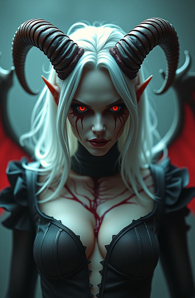  make a woman, with white hair, red eyes, veins popping out from her skin, very fearful and scary with rotten horns on her head, skeleton wings and skeleton tentacles, sharp claws and sharp teeth show her whole body hyperrealistic, full body, detailed clothing, highly detailed, cinematic lighting, stunningly beautiful, intricate, sharp focus, f/1. 8, 85mm, (centered image composition), (professionally color graded), ((bright soft diffused light)), volumetric fog, trending on instagram, trending on tumblr, HDR 4K, 8K