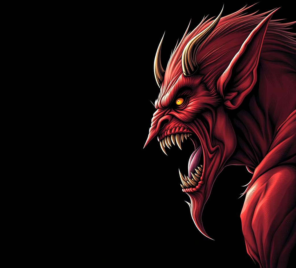  angry devil profile with copy space for text black background yelling, shouting, screaming god of evil hell concept art leviathan, astaroth, mammon, baal